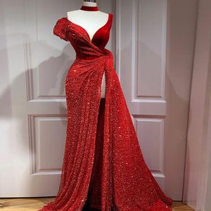 Röd Sparkley Sequins Evening Dresses Mermaid Sexig High Split Formell Party Dresses High Split Prom Klänningar Wear Plus Size