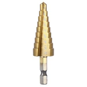 3PCS Hex Shank HSS Titanium Coated Step Drill Bit SetIdeal for using to cut holes in a variety of materials including steel, brass, wood, pl