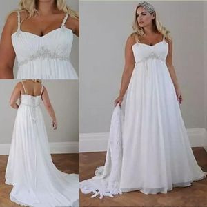 Crystals Plus Size Beach Wedding Dresses 2019 Corset Back Spaghetti Straps Chiffon Floor Length Empire Waist Elegant Bridal Gowns Sleeveless