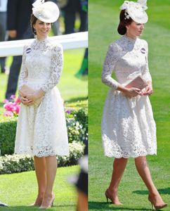 Gorgeous A-line Evening Dresses Of Princess Kate High-neck Long Sleeve Formal Prom Dress Full Appliqued Lace Knee-length Party Gown Cheap