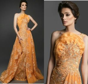 Luxurious Evening Dresses Spaghetti Lace Appliques Beads Prom Gowns Custom Made Detachable Train Mermaid Special Occasion Dress