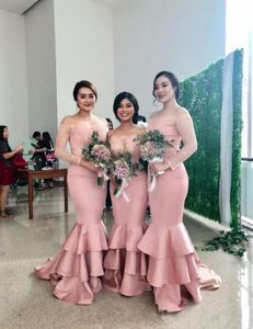 2019 Elegant Dusty Pink Bridesmaid Dresses Off Shoulder Long Sleeves Mermaid Cascading Ruffles Bottons Wedding Guest Dress