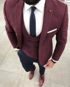 New Arrivals One Button Burgundy Groom Tuxedos Peak Lapel Groomsmen Best Man Blazer Mens Wedding Suits (Jacket+Pants+Vest+Tie) H:589