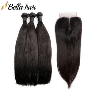 Brasilianska Virgin Hårbuntar med spetslås 4x4 Top Lace Closure Middle Part och Hair Weft Extensions Natural Color 4PCS Bella Hair