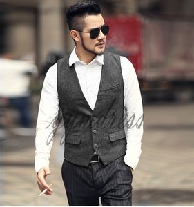 Grå ull Tweed västar Slim Mens kostym Västar Skräddarsydda Groom Vest Rustik Farm Bröllop Waistcoat Prom Vest