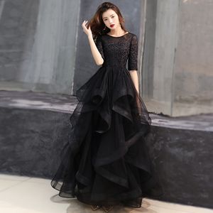 2021 Preto Renda Tule Vestidos De Baile Longos Modestos Com Meia Manga 1/2 Evasê Até O Chão Babados Saia Adolescentes Vestido De Festa Formal