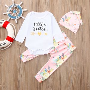 Recém-nascido infantil bebê menina conjunto 3 pcs letra romper tops + calças florais + chapéu crianças roupas meninas conjunto infantil