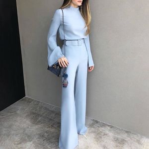 Kadın Moda Zarif Ofis İş Giyim Rahat Tulumlar 2019 Bahar Yüksek Boyun Uzun Kollu Geniş Bacak Romper Kemer T5190614