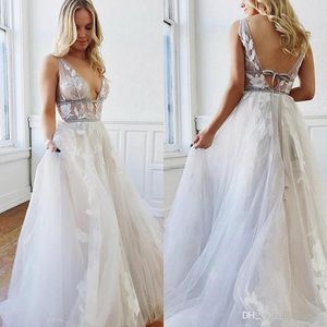 Line A Wedding Dresses Sexig Deep V Neck Appliqued Sweep Train Bridal Bowns Custom Made Made Robes de Mari E Ppliqud