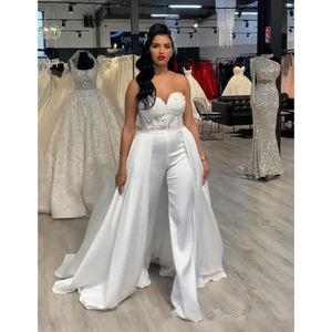 New Sexy White Jumpsuits A Line Wedding Dresses Sweetheart Sheer Lace Satin Overskirts Detachable Crystal Bridal Gowns Pants Suit