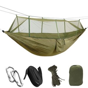 1-2 Person Outdoor Camping Hammock Hanging Relaxing Sleeping Bed With Mosquito Net Camping Hammock Strap Army Green Sleeping Bed
