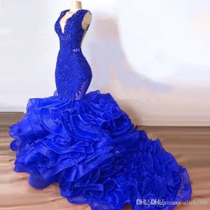 Afrikansk Royal Blue Mermaid Prom Klänningar Lång Ruched Deep V Neck Appliques Pärlor Aftonklänning Långa Klänningar Evening Wear Party Gowns
