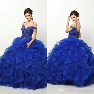 New Royal Blue Beaded Prom Dresses Luxury Sleeveless Quinceanera Dress Off Shoulder Lace up Sweep Train Tulle Corset Ball Gown Evening Gown