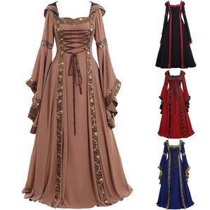 Court Women Dress Lace Up Square Collar Retro Halloween Long Renaissance Prom Party Hooded Gifts Flare Sleeve Evening Medieval