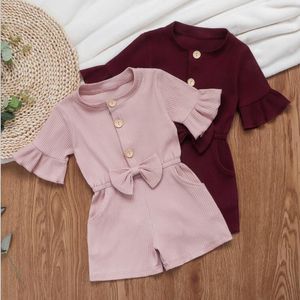 Baby Designer Clothes Kids Girls Bow Rompers Summer Flare Sleeve Article Pit Jumpsuit Children Pocket Lovely Casual Onesies Bodysuit YP683