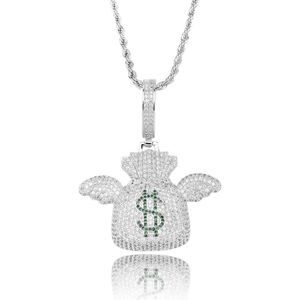 Wholesale-Flying Money Bag Hip hop Pendant Necklace Iced Out Micro Paved Money Bag Necklace Tennis Chains Men's Hip hop Jewelry