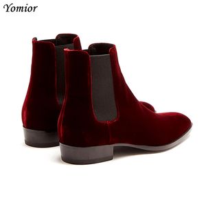 Hot Sale-West Handmade Top Quality Velvet Vintage Men Ankle Boots Cow Leather Shoes Formal Business Pointed Toe Slip-On Boots Red