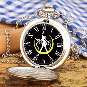 Silver Gold Japan Anime Cosplay Sailor Moon Design Pocket Watch Women Quartz Analog Watches with Necklace Chain Roman Number Timepiece Clock