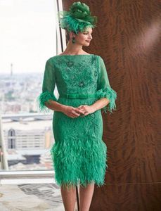 Mother Of The Bridal Dresses Scoop 1/2 Sleeve Beads Appliques Feathers Lace Sheath Prom Dress Knee Length Mothers Dresses