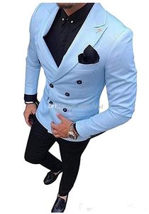 Cool Groomsmen Dupla-Breasted Noivo TuxeDos Mens Vestido de Noiva Homem Jaqueta Blazer Prom Jantar 2 peças Terno (Jacket + Calças + Tie) A171