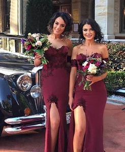 Bordo Mermaid Gelinlik Modelleri Uzun Aplikler Yan Bölünmüş Fermuar Hizmetçi Onur Elbise Balo Elbise Düğün Konuk Kıyafeti