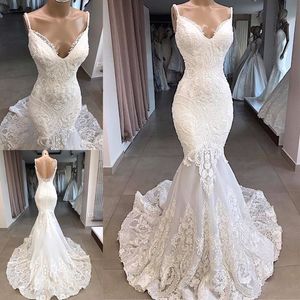 Romantische Meerjungfrau 2020 Spitze Brautkleider Spaghetti Open Back 3D Blumenapplikationen Afrikanisches Hochzeitskleid Brautkleider Plus Size