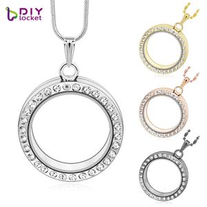 Wholesale 5PCS! 30mm Round magnetic glass floating charm locket Zinc Alloy+Rhinestone (chains included for free)LSFL01