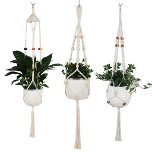 Macrame Wieszak roślinny Kryty na świeżym powietrzu Wiszące Kosz bawełniany liny z koralikami Czeski Wystrój Home Multi Macrame Wieszaki Wieszak