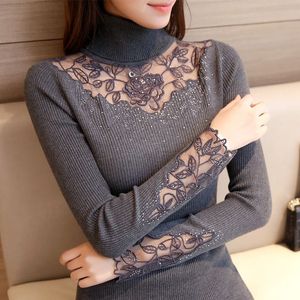 Fashion-r clothes new slim knitted lace flower dress shirt Lapel sweater F1508