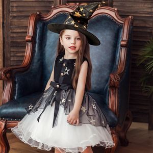 Girl Halloween Vestidos Ruffle Gaze Stars Pearl Bow Sash Vestido Cosplay com Bruxa Chapéu Crianças Roupas Roupas Meninas 3styles Vestidos RRA1939