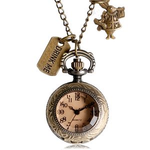 Orologio da taschino in bronzo retrò Drink Me Rabbit con collana a catena Mini orologi analogici al quarzo adorabili vintage per regalo da donna Lady Girl