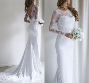 White Lace Mermaid Wedding Dresses 2020 Sheer Long Sleeves Satin Appliques Backless vestido de novia Plus Size Wedding Bridal Gowns