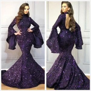 Dubai Arabic High Neck Sequins Mermaid Evening Dresses Long Sleeves Backless Floor Length Formal Dress Evening Wear Party Gowns robe