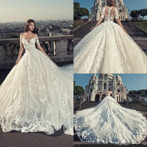 Julia Kontogruni sukienki ślubne koronkowe aplikacje klejnotowe koraliki szyi na pół rękawie suknie ślubne kaplicy długość sukienki ślubnej plus size