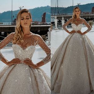 Luxury Beading Ball Gown Wedding Dresses Illusion Jewel Neck Long Sleeve Sequins Bridal Gowns Plus Size Sweep Train Wedding Dress