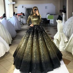 Bling Bling Gold-Black Puffy Suknie Pełne Pełne Rękawy Muzułmańskie Długie Suknie Prestiżowe Abiye Party Dresses
