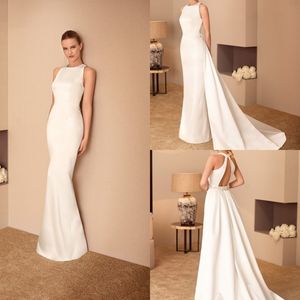 Cabotine 2019 Bröllopsklänningar Jewel Neck Ärmlös Mermaid Bridal Gowns Hollow Tillbaka Med Avtagbar Tåg Vestidos Bröllopsklänning