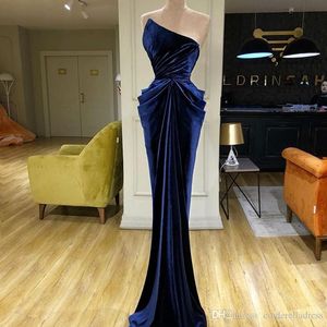 Sexy Granatowy Blue Velvet Mermaid Prom Dresses Bez Ramiączek Długość Płaski Płaski Formalne Suknie Wieczorowe Robes De Soirée Abendkleider Custom