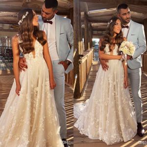 Principessa Boho A Line Abiti da sposa Scollo a V Abiti da sposa in pizzo con applicazioni 3D Plus Size Abito da sposa da spiaggia Personalizzato