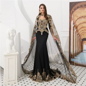 Luxury Prom Dresses Long Sleeve With Shawl Small Turtleneck Gold Lace Tail Evening Gown Special Occasion Dresses