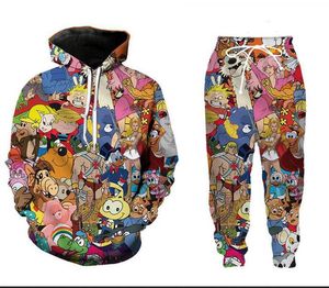 Nuovi personaggi dei cartoni animati da uomo / donna Anni '90 Divertente Stampa 3D Moda Tute Girocollo Felpa e pantaloni Hip Hop 2 pezzi Set Felpe con cappuccio