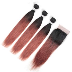 Kopparröd Ombre Straight Peruvian Human Hair 3bundles med stängning 4PCS Lot # 1B / 33 Mörk Auburn Ombre Weave Bundles med 4x4 spetsslutning