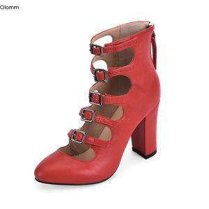 Rontic Fashion Women Summer Pumps Buckle Strap Square High Heels Pumps Round Toe Gorgeous Red Party Shoes Women Plus US Size 5-15