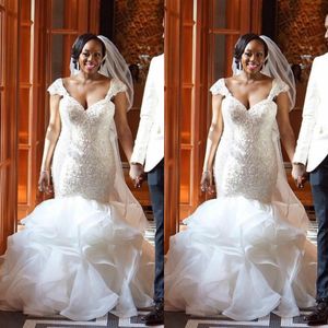 2020 Arabic Sexy Mermaid Plus Size Wedding Dresses Cap Sleeve Bridal Dresses Beaded Crystal Organza Tiered Skirts Wedding Gowns