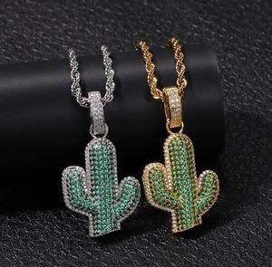 Iced Out Cactus Barbary Fig Pendant Necklace Bling Bling Mens Micro Pave Cubic Zirconia Simulated Diamonds Necklace