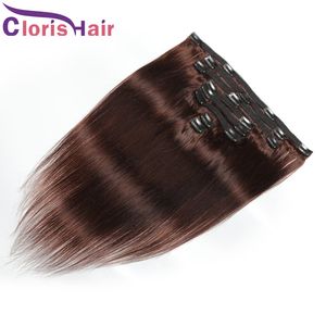 Full Head 8pcs 120g Dark Brown Clip On Extensions Silky Straight Double Machine Weft Clip Ins #4 Malaysian Virgin Human Hair Clips In Extension