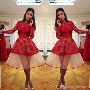 2019 Cheap Little Red Long Sleeves Homecoming Dress A Line Lace Juniors Sweet 15 Graduation Cocktail Party Dress Plus Size Custom Made