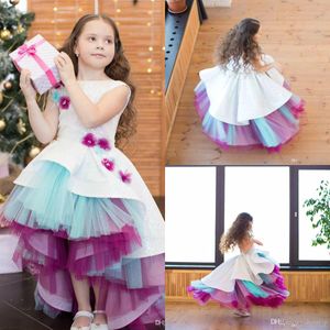 Cute Rainbow High Low Flower Girl Dresses Jewel Neck Sequins Pearls Hand Made Flowers Girls Tulle Pageant Dress Birthday Party Gowns