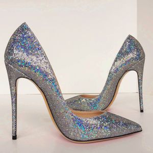 Summer Fashion Women Pumps Silver Glitter Point Toe Brud Wedding Shoes High Heels äkta läder verkligt foto 12 cm 10 cm märke