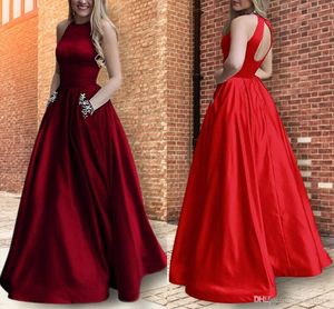 Kväll sexiga eleganta klänningar en linje juvelhalspärlor öppnar rygg formella fest prom klänningar med fickor special ocn klänning vestidos
